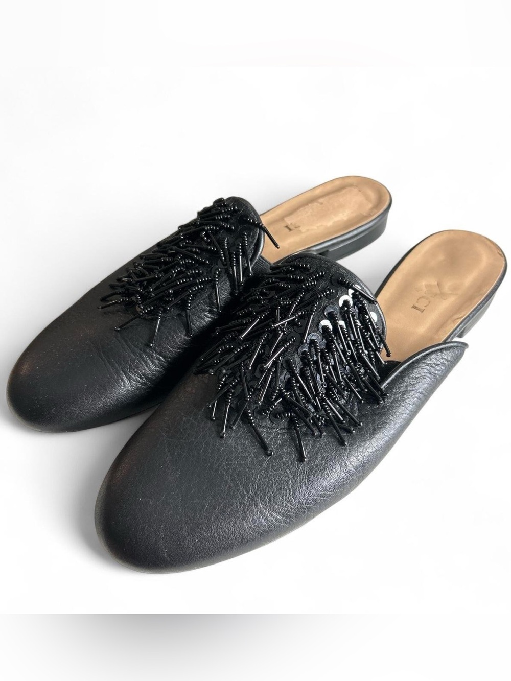 Sesto Meucci Black soft leather Beaded Fringe Slip-On Mules